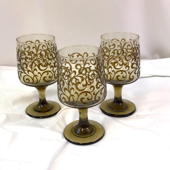 Libbey Dining 3 Vintage Mcm Brown Libbey Prado Empire Scroll Goblet